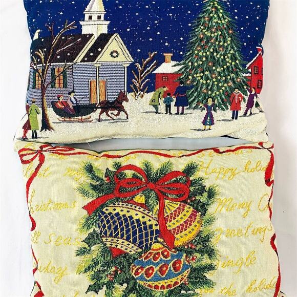Vtg Pair Christmas Scene Ornaments Tapestry Throw Pillows 16” x 11" Multicolor - Picture 1 of 9